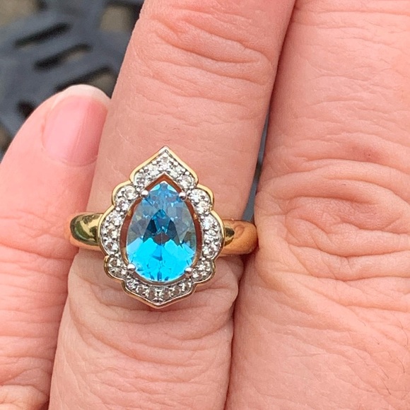 Swiss Blue Topaz Pear Cut White Sapphire Halo Cocktail Ring Size 7 18k over 925 - Picture 5 of 13